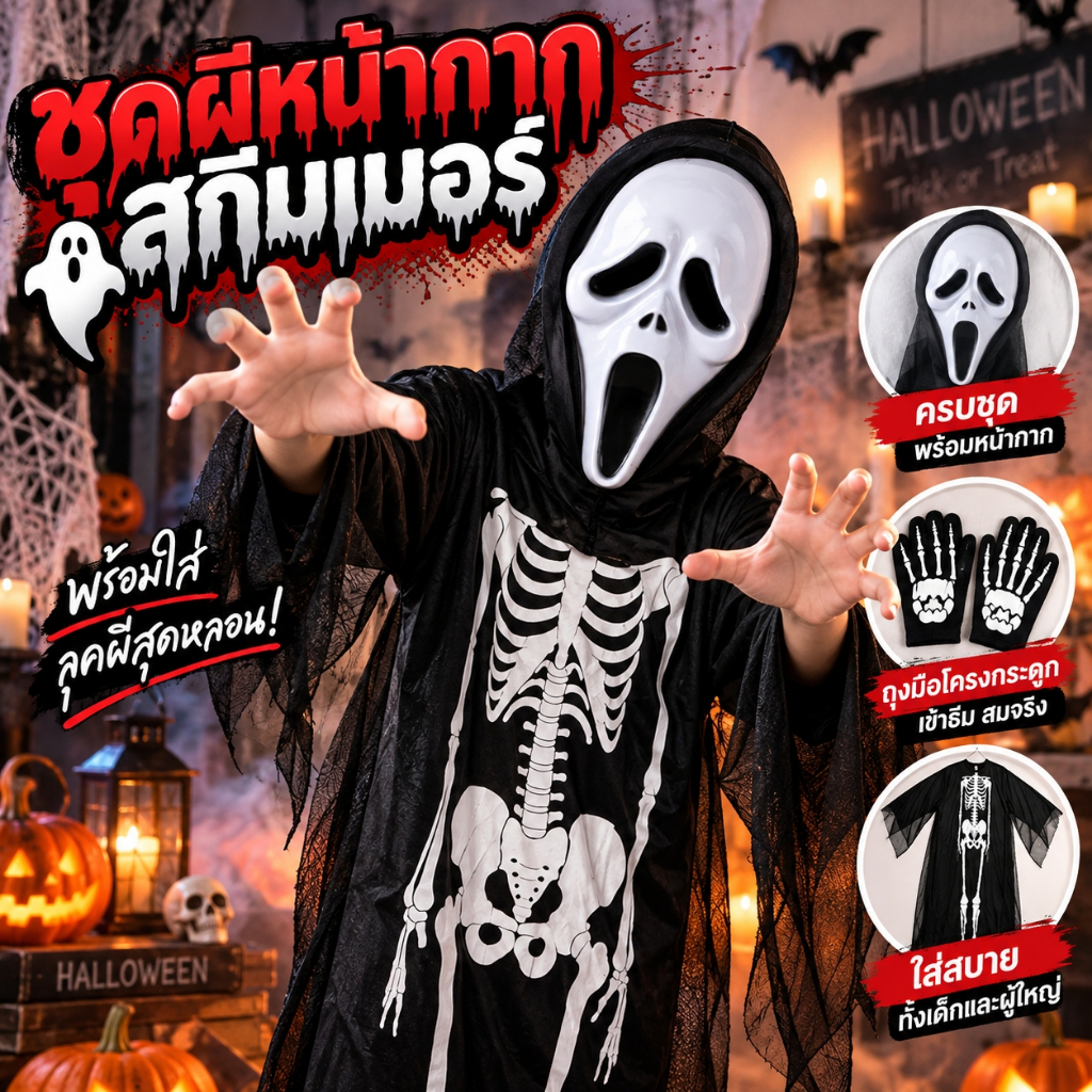 💀👻ชุดโครงกระดูก กระดูกชุดฮาโลวีน 90/120 ซม เด็ก-ผู้ใหญ่ พร้อมหน้ากากและถุงมือ คอสเพลย์ ฮาโลวีน Haloween แฟนซี