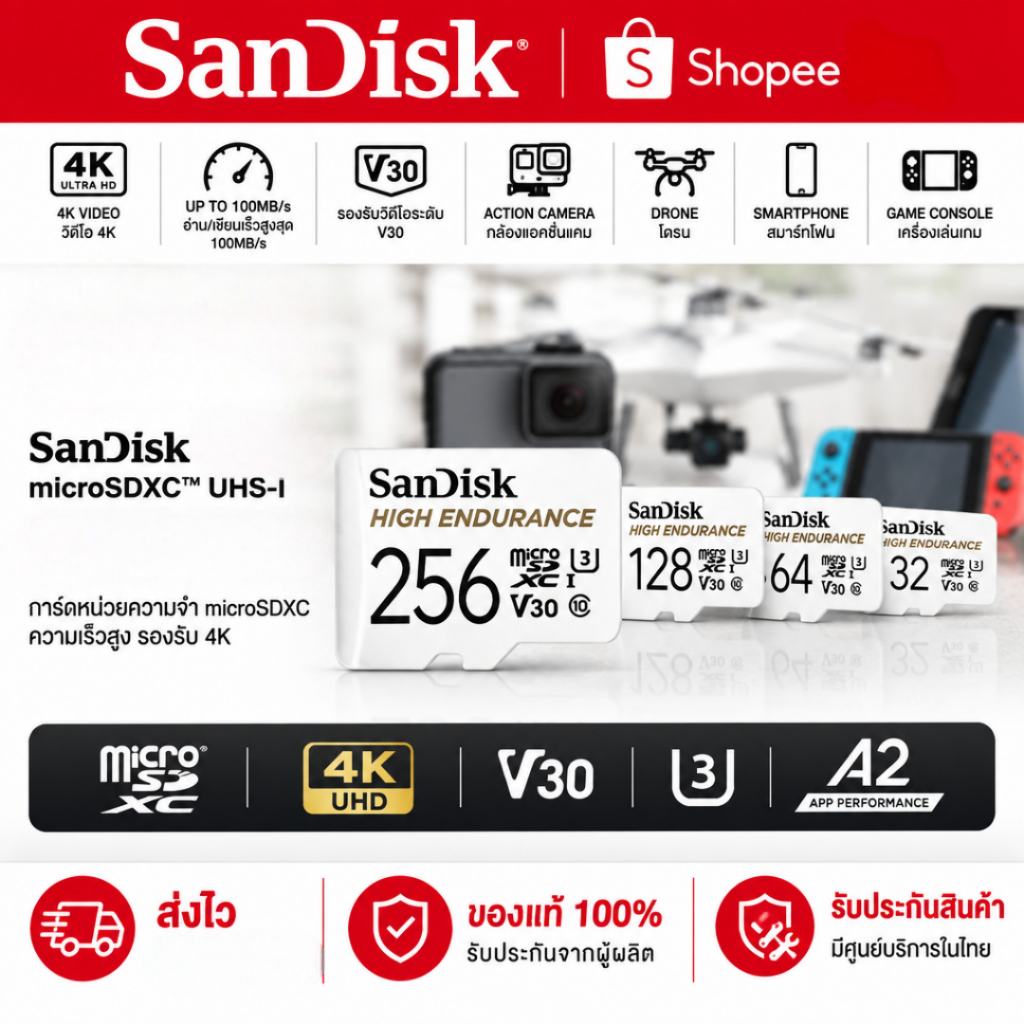 SanDisk Micro SD Card SDHC SDXC MAX HIGH ENDURANCE 4K ( 32GB, 64GB, และ 128GB ) R/W 100/40mb/s