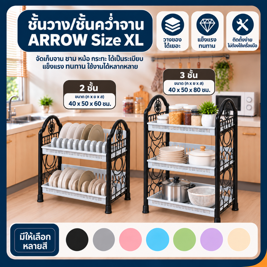 *ใหญ่มาก* ชั้นวาง ARROW XL 80x50x40cm พลาสติก 3ชั้น โครงดำ ชั้นวางจาน ชั้นพลาสติก ชั้นวางของในห้องน้ำ clearance