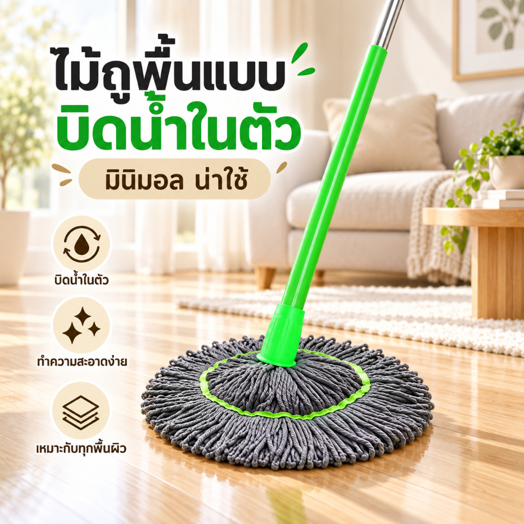 ไม้ถูพื้นเเบบบิดน้ำในตัว  สามารถบิดรีดน้ำแห้งได้โดยไม่ต้องสัมผัสผ้าถู พื้นปรับสั้น