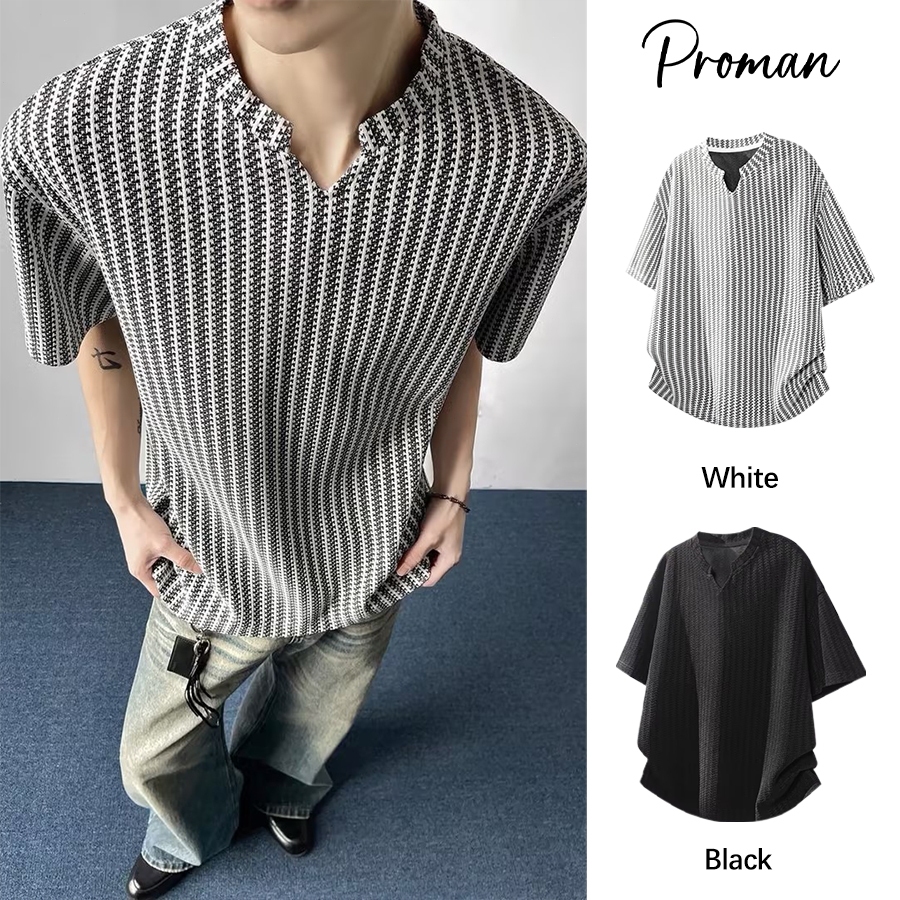 PROMAN ลายก้างปลาเสื้อยืดผู้ชาย สไตล์อเมริกันวินเทจ ทรงหลวม ฤดูร้อน บางเบา ระบายอากาศดี ใส่สบาย ไซซ์ M‑3XL พร้อมส่ง