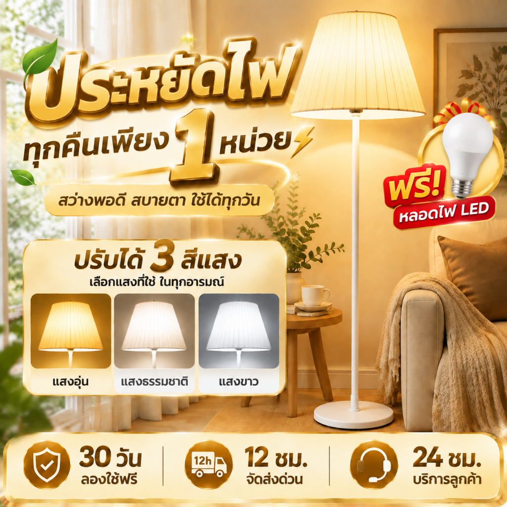 【ทดลองใช้ฟรี 30 วัน】โคมไฟตั้งพื้น LED ประหยัดไฟ 3 สีแสง ปรับได้ แสงนุ่มสบายตา โคมไฟผ้า สไตล์มินิมอล โคมไฟหัวเตียง ตกแต่ง