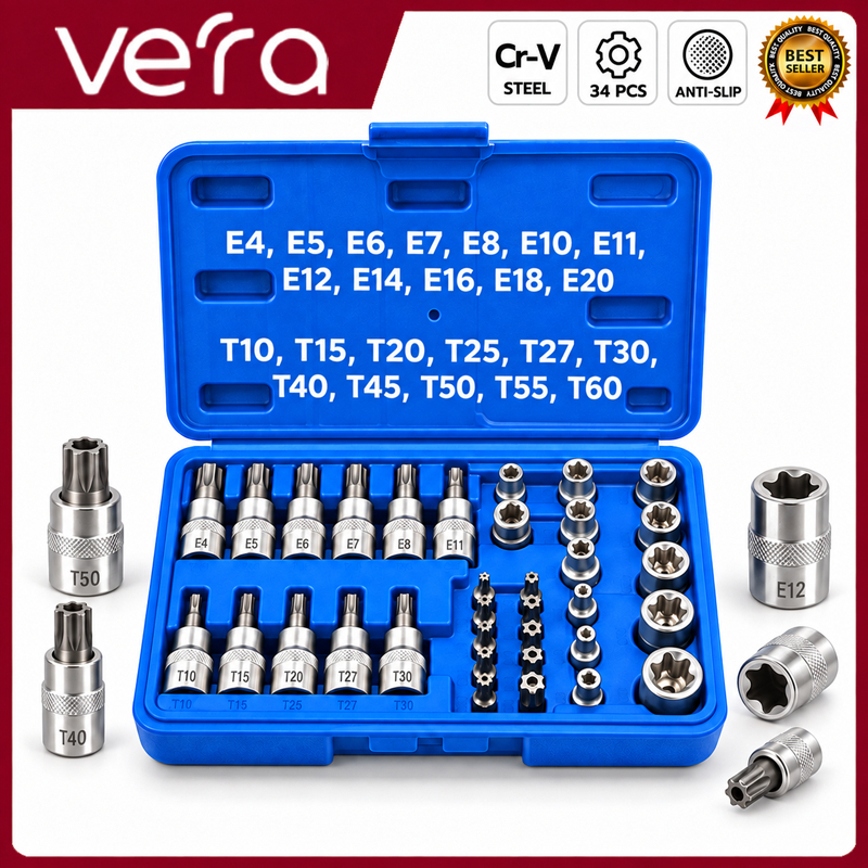 ชุดลูกบล็อก 34 ชิ้น 3/8" รวมลูกบล็อกเดือยโผล่ E + Torx ลูกบล็อกดาว ลูกบล็อกหัวจีบ ลูกบล็อกหกเหลี่ยม เหมาะกับงานช่าง รถยน
