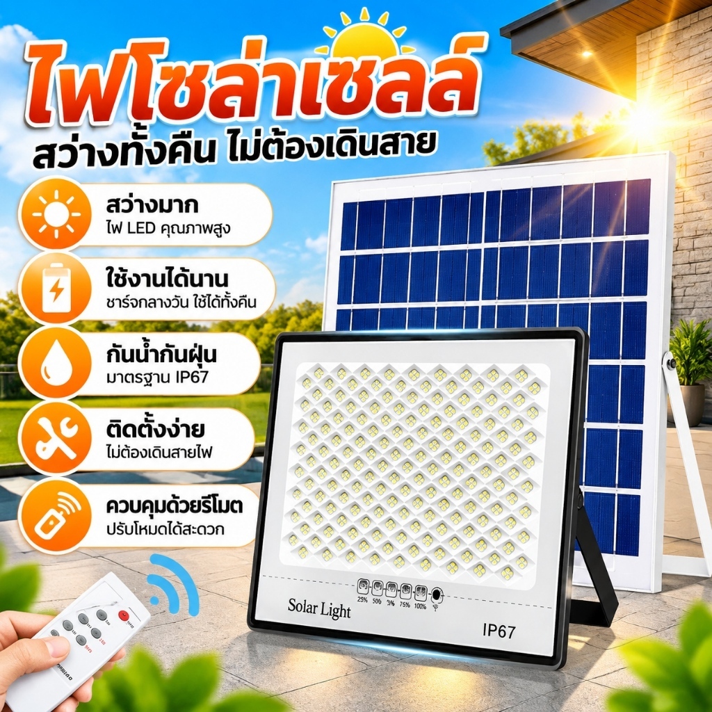 ซื้อ 1แถม 1 ไฟโซล่าเซลล์ โซล่าเซลล์ 80000W หลอดไฟ โซล่าเซลล์ LED ไลท์แสงสีขาวกันน้ำ และกันฝุ่นละออง ชาร์จไฟอัตโนม IP67