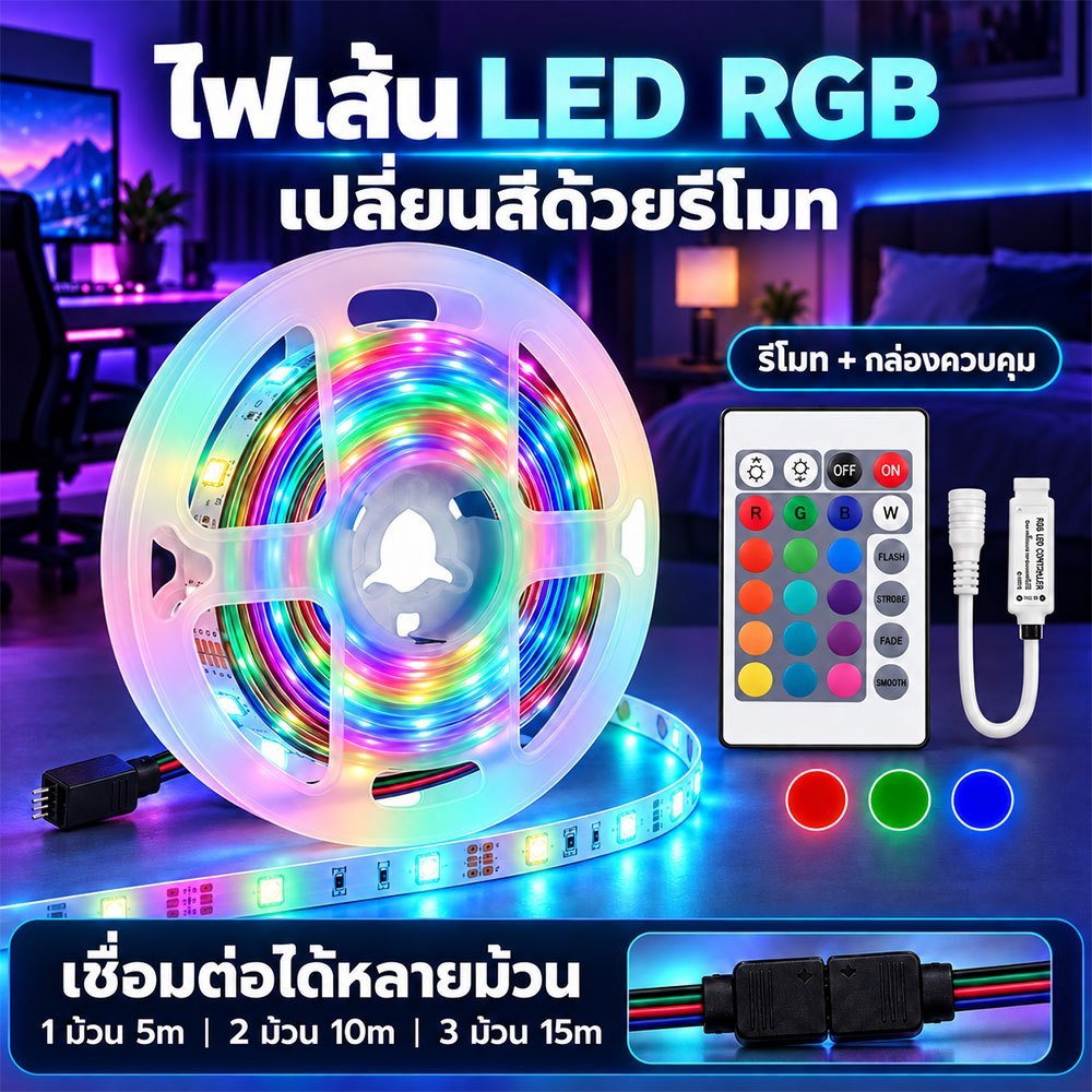 【ครบชุดพร้อมรีโมท】ไฟเส้น LED RGB เปลี่ยนสีได้ แถบไฟแต่งห้องเกมเมอร์ ตกแต่งโต๊ะคอม ไฟหลังทีวี LED Strip