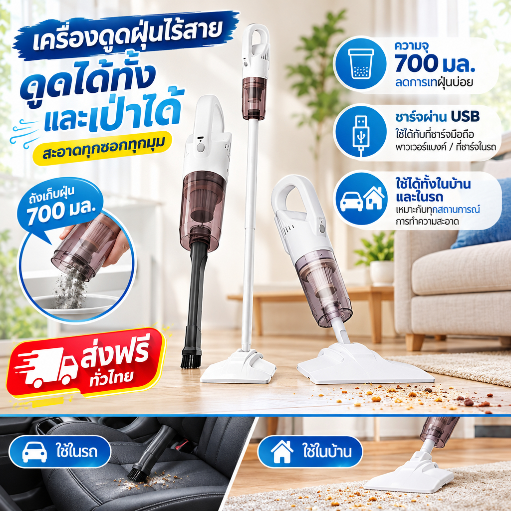 เครื่องดูดฝุ่นไร้สายแบบมือถือ พร้อมที่ดูดกำลัง 99000Pa แบตเตอรี่ 2000mAh ถังเก็บฝุ่น 700ml ชาร์จ USB ใช้เวลาชาร์จ 3.5 ชั