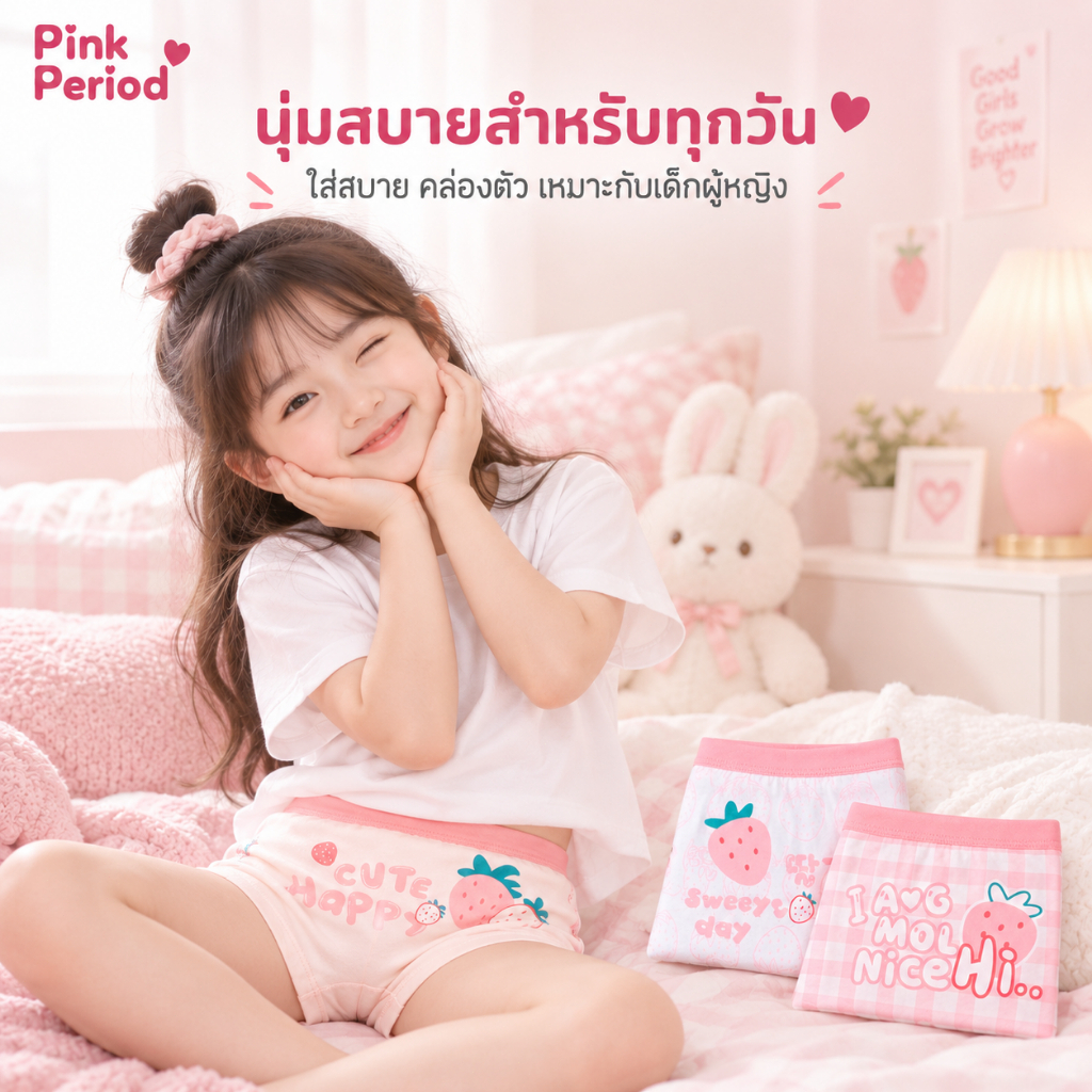 Pink Period กางเกงในเด็กผู้หญิง Cotton 100% เนื้อนุ่ม ไม่ระคายเคือง เอวยืดหยุ่น ใส่สบาย สำหรับเด็กผู้หญิง — صورة 2
