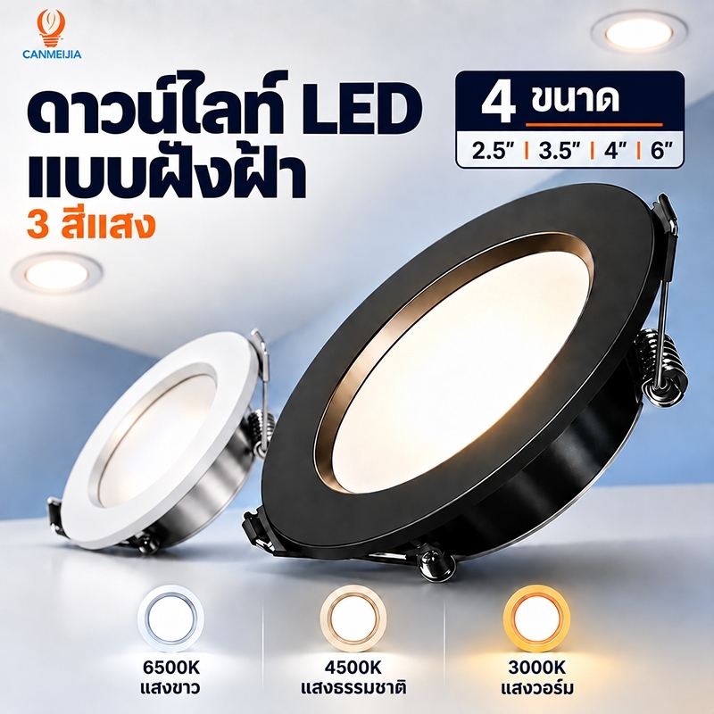 3สี ไฟฝังฝ้า 3.5'' 4'' 6'' ไฟดาวน์ไลท์ led โคมดาวน์ไลท์ติดลอย โคมไฟเพดาน ฝังฝ้าเพดาน ดาวไลท์ ห้องนั่งเล่นห้องนอนห้องโถง