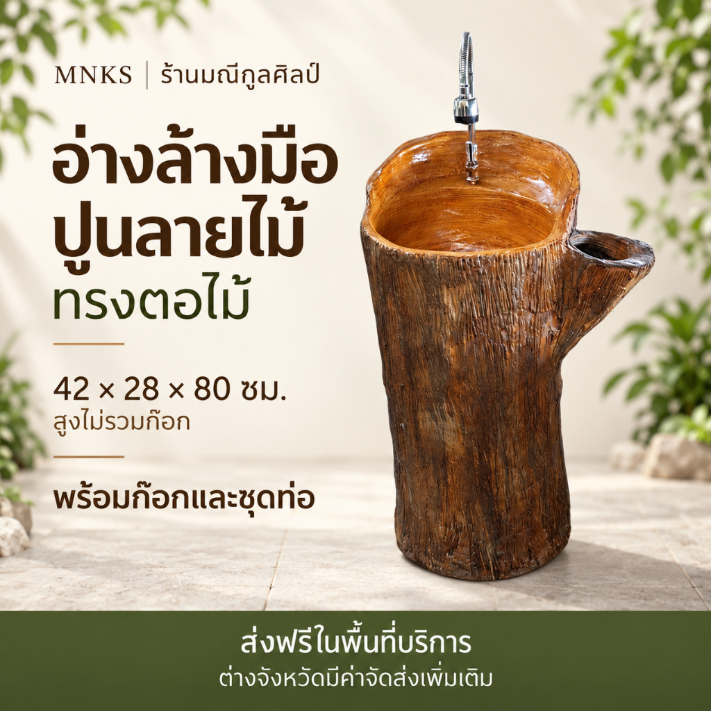 อ่างล้างมือปูนลายไม้ ทรงตอไม้ พร้อมก๊อกและชุดท่อ มีช่องวางต้นไม้ ส่งฟรีในพื้นที่บริการ