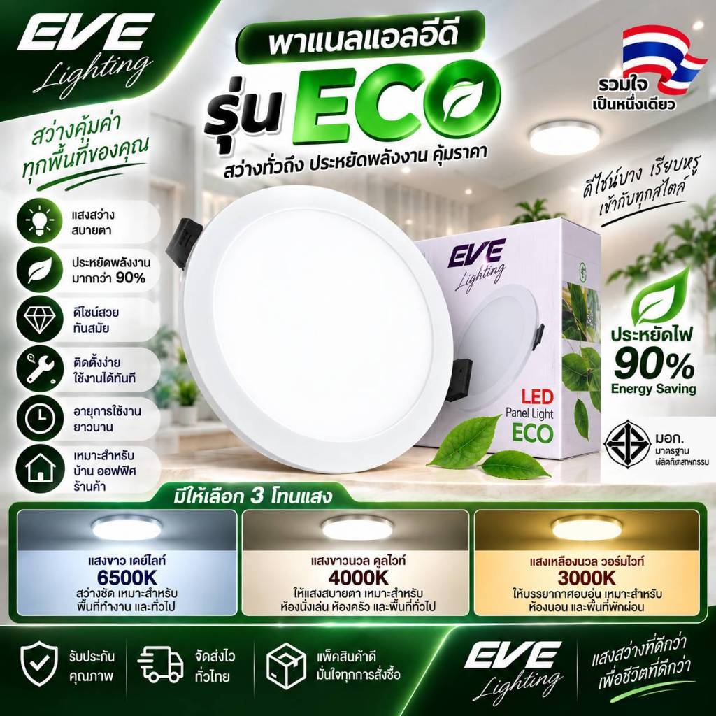 EVE (ลดล้างสต๊อก) โคมดาวน์ไลท์ แอลอีดี LED พาเนลไลท์ ทรงกลม รุ่น ECO ฝังฝ้า ขนาด 6 - 24 วัตต์