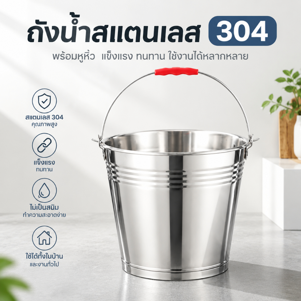 ถังน้ำสแตนเลส 304 พร้อมหูหิ้ว ถังน้ำขนาดใหญ่ เนื้อหนา แข็งแรง ทนสนิม ใช้ในบ้าน ห้องครัว และงานทั่วไป