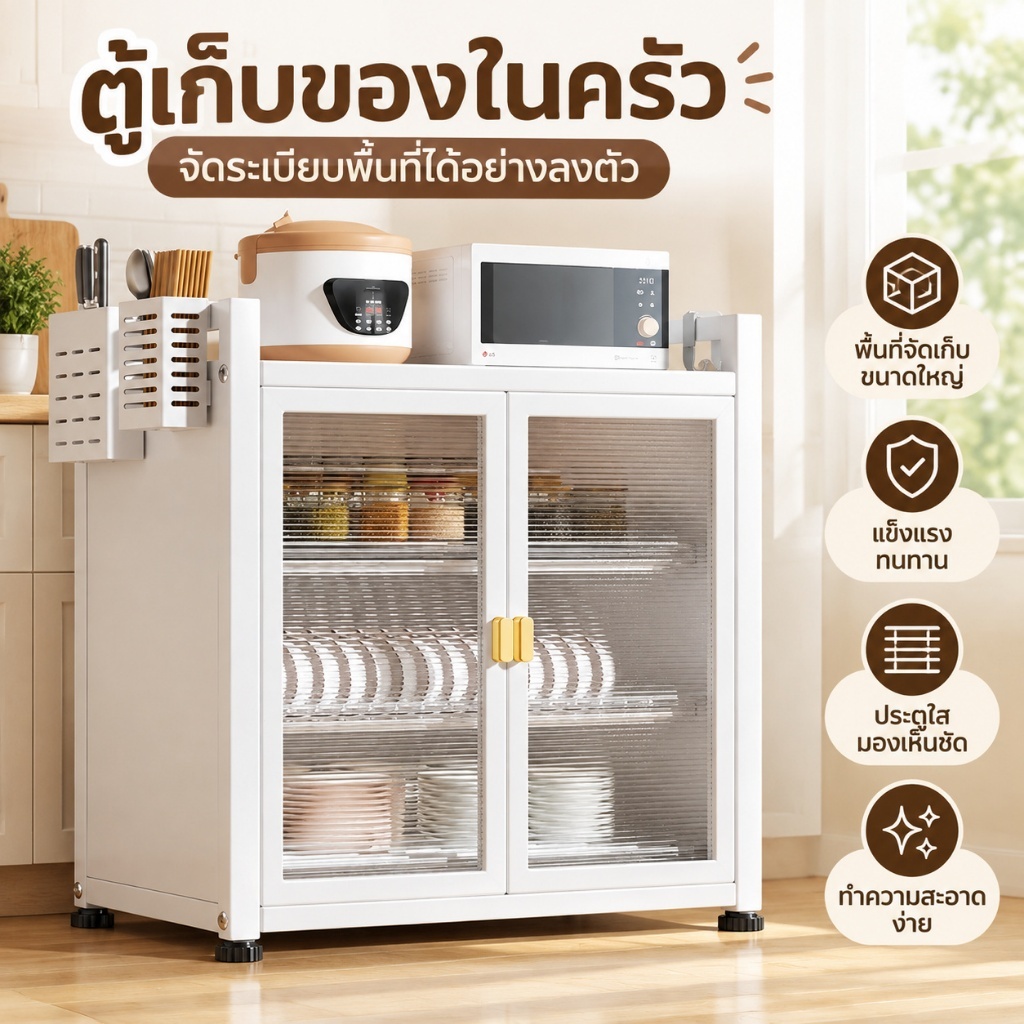 ตู้เก็บจาน สีขาว บานคู่ จัดเก็บหลายชั้น สำหรับห้องครัว