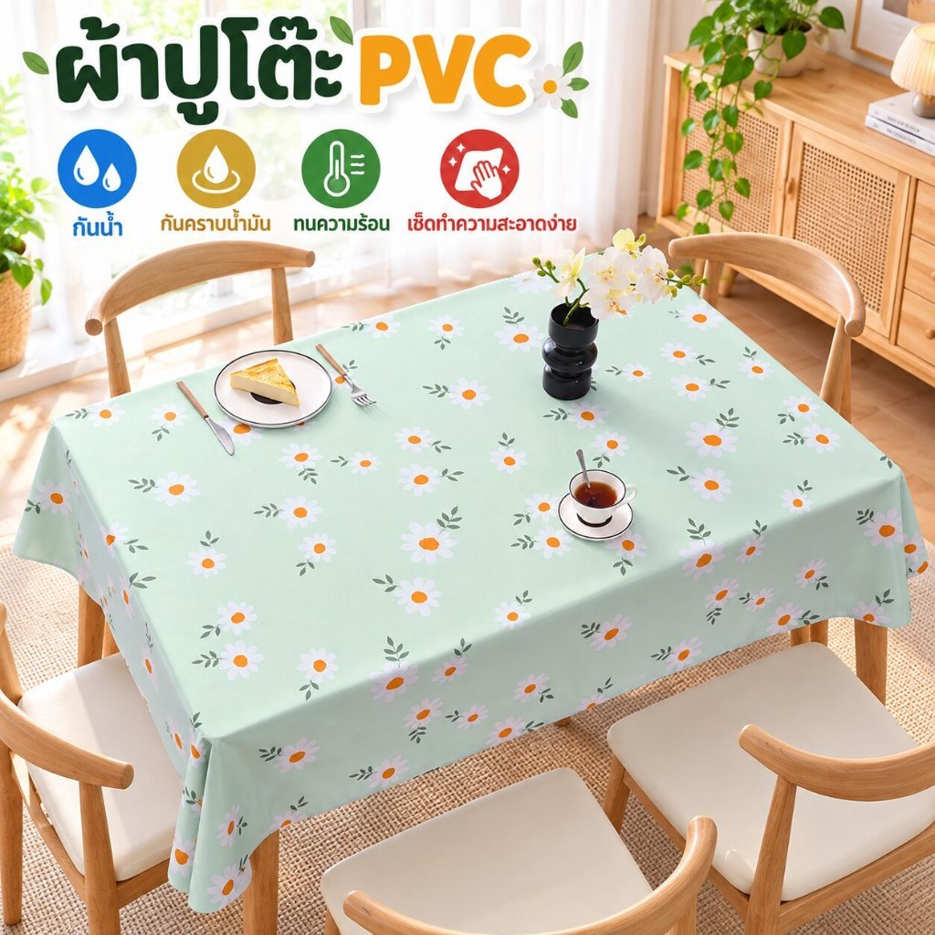 ผ้าปูโต๊ะกันน้ำ PVC สีครีมลายริ้ว สไตล์เกาหลี รูปคุมโทน IG ปัง ราคาถูก