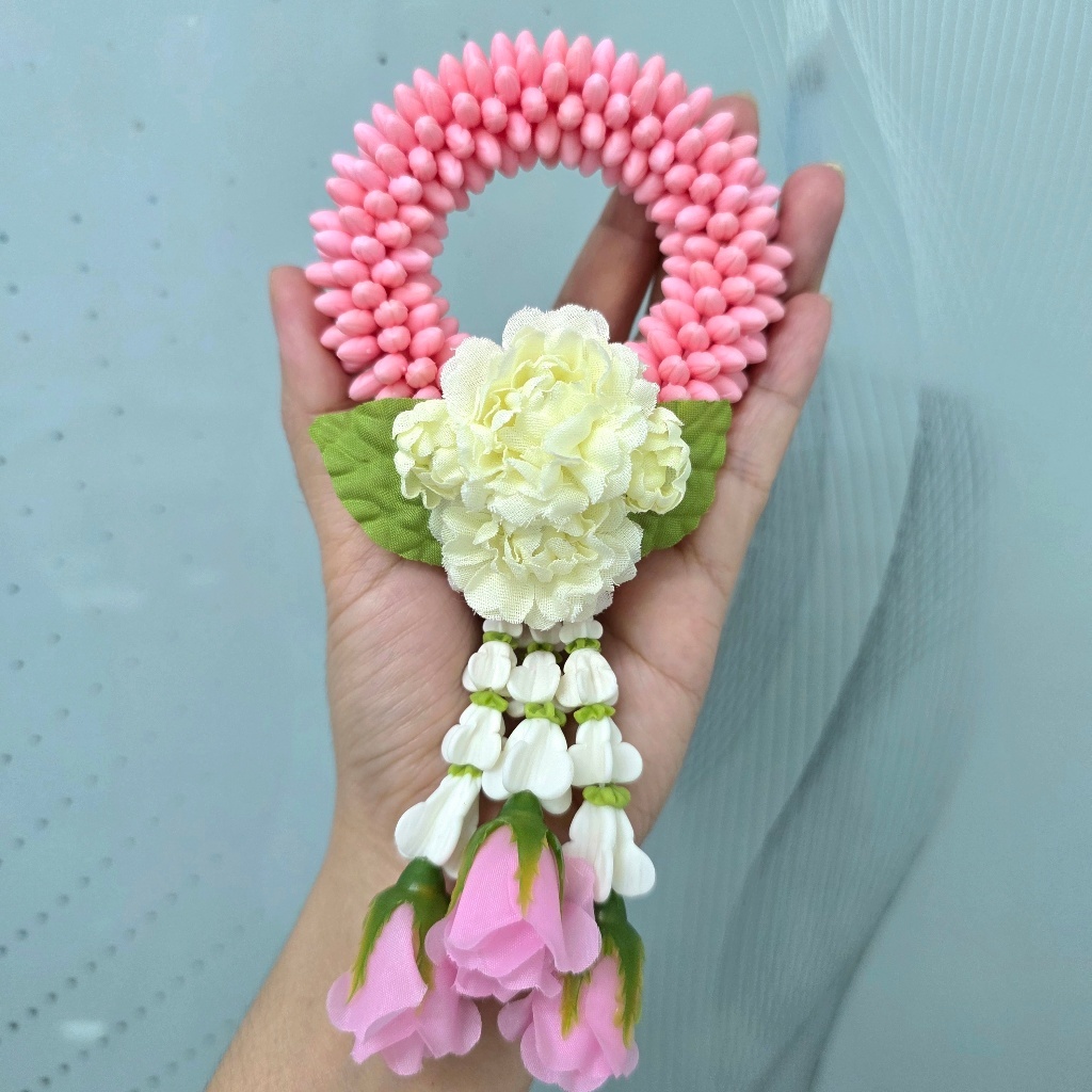พวงมาลัยดอกมะลิประดิษฐ์ พวงเล็ก (ขนาด 8.5x18 cm.) วันแม่ วันเกิด ไหว้พระ ไหว้ผู้ใหญ่ บูชาพระ ของขวัญโอกาสต่างๆ