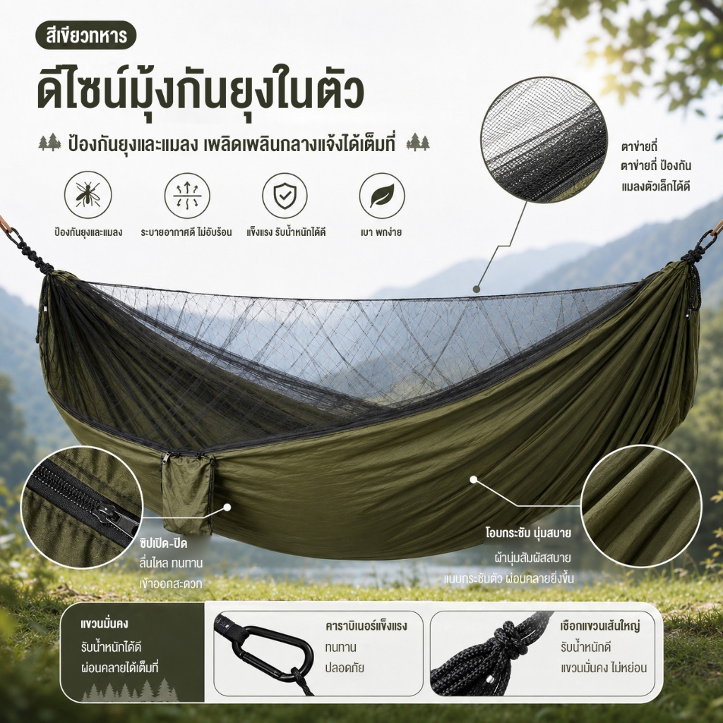 SOTIAY ลญวนตั้งแคมป์พร้อมมุ้งกันยุง - เปลญวนเดินทางเบา ๆ - ไนลอนร่มชูชีพ 210T ฟุตสำหรับตั้งแคมป์เดินป่าแบกเป้ — صورة 4