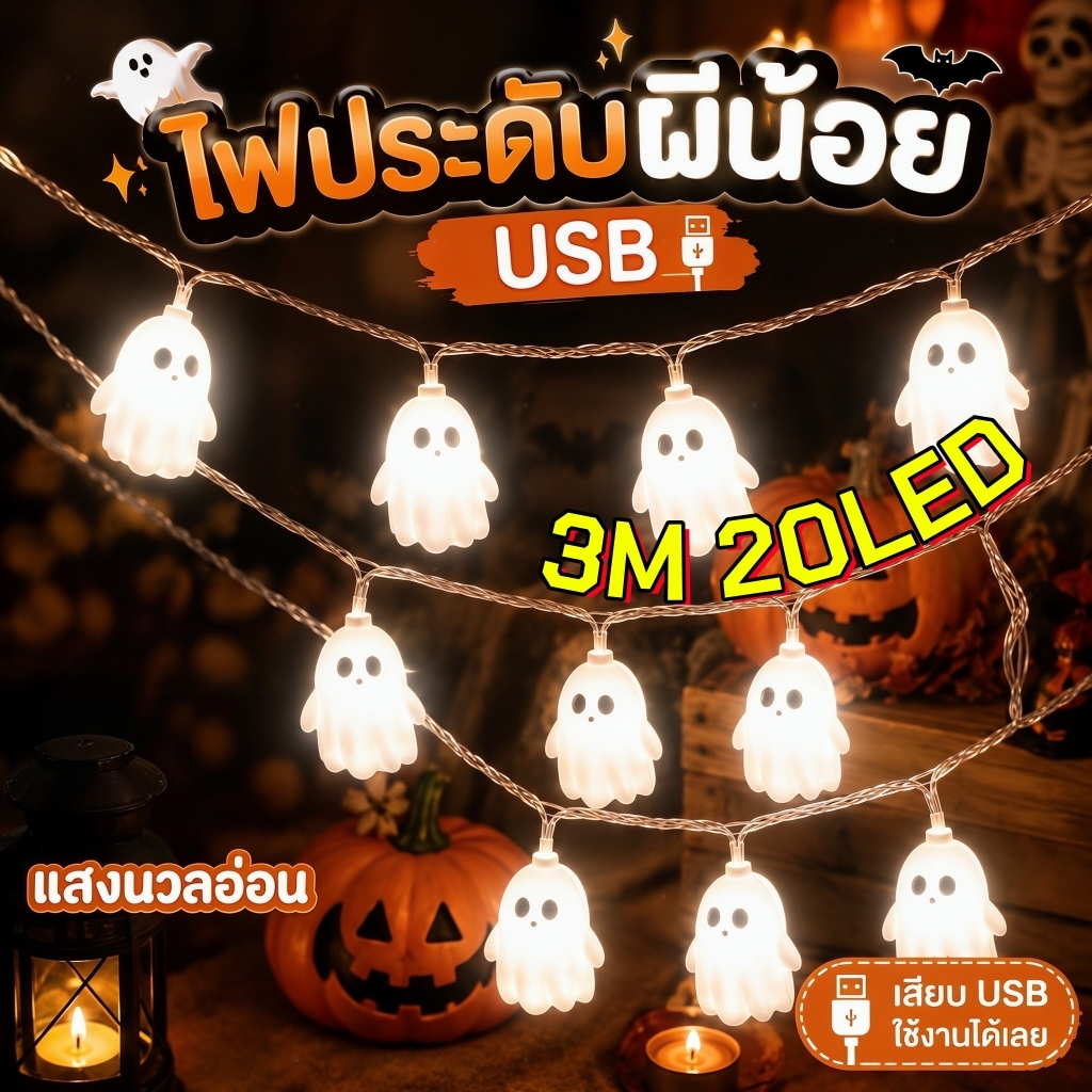 ไฟประดับฮาโลวีน Halloween ไฟ LED USB ของตกแต่งฮาโลวีน ไฟสายแต่งบ้าน ปาร์ตี้ฮาโลวีน แสงวอร์มไวท์ มี 2 แบบ