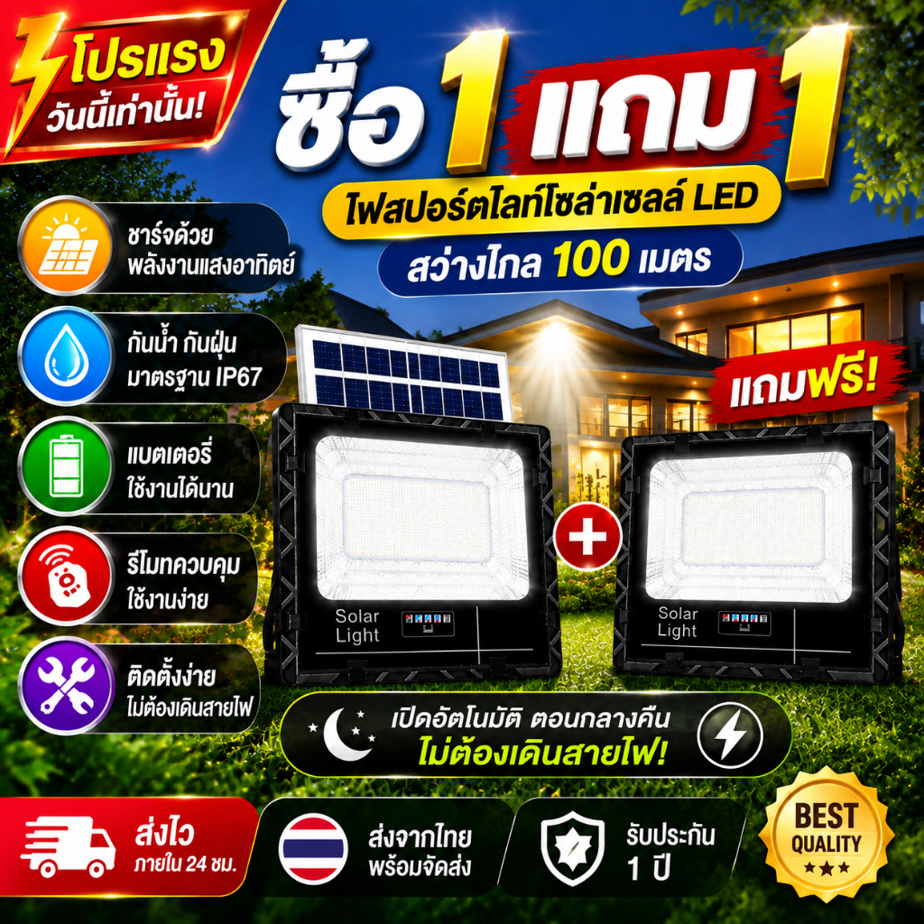 ซื้อ 1 แถม 1 ไฟโซล่าเซลล์ 500W ค่าไฟฟรี ชาร์จไฟตอนกลางวัน สว่างเมื่อฟ้ามืด กันน้ำและกันฟ้าผ่า LED