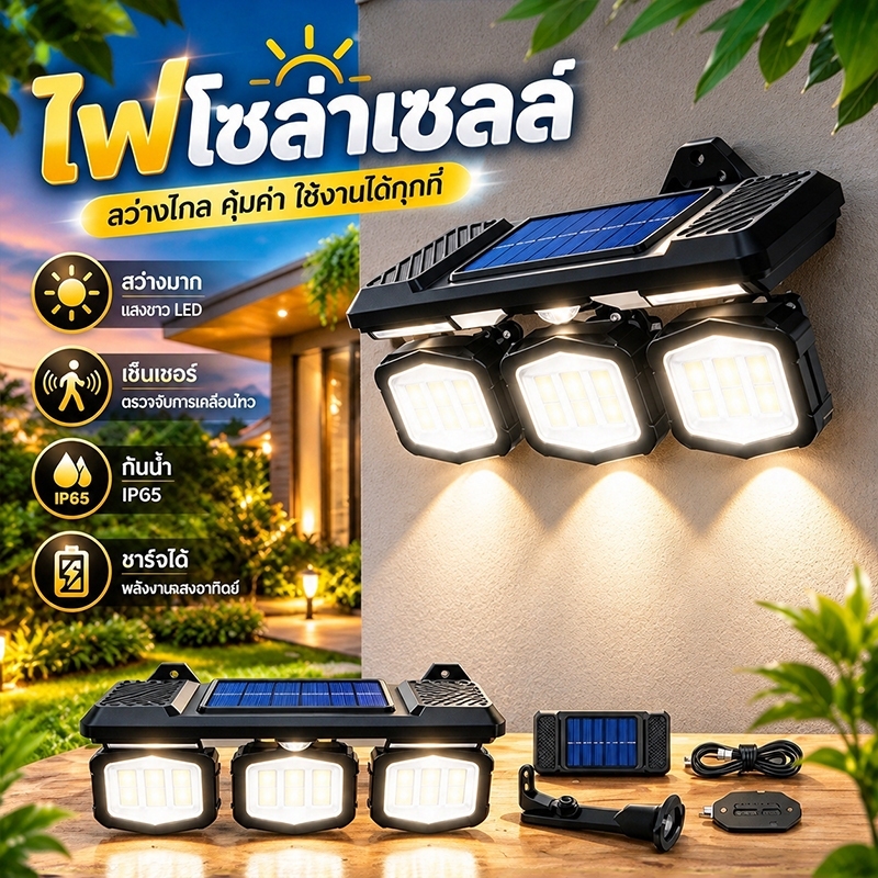 【พร้อมส่งจ้า】โคมไฟโซล่าเซลล์ ประหยัดไฟ กันน้ำ กันฟ้าผ่า กันลม เซนเซอร์ 3 เมตร 3 โหมด