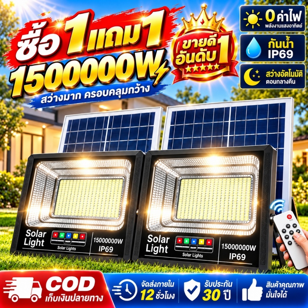 【ซื้อ 1 แถม 1】ไฟโซล่าเซลล์ ไฟสปอร์ตไลท์ LED Solar Light 1500000W กันน้ำ IP69 รีโมท เปิดอัตโนมัติ สว่างทั้งคืน 0 ค่าไฟ