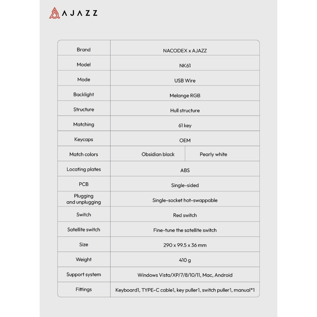 คีย์บอร์ดเกมมิ่ง Ajazz NK61 Wired RGB 61 Key Red Switch Gaming Keyboard รับประกัน 1 ปี รูปที่ 6