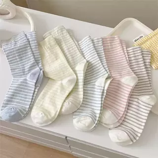 ส่งจากไทย!! ถุงเท้าลายขวาง Striped แนวน่ารัก ข้อกลาง ผ้าฝ้าย สีพื้น ถุงเท้าสไตล์ญี่ปุ่น A82