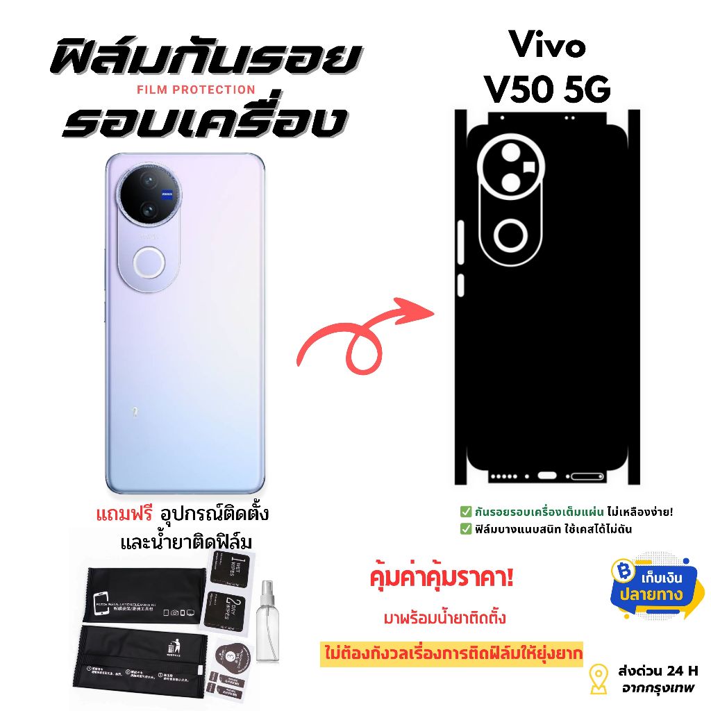 ฟิล์มกันรอยด้านหลังและขอบข้างสำหรับโทรศัพท์มือถือรุ่น Vivo V50 5G | ครอบคลุมรอบเครื่อง บางเฉียบ