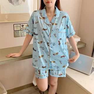 ชุดนอนผู้หญิงแบบสองชิ้น แขนสั้นขาสั้น ลายน่ารัก แฟชั่น เบาบางใส่สบาย M-4XL พร้อมส่งในไทย
