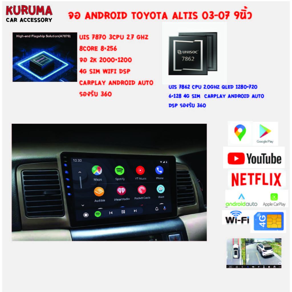 จอ android Altis 03-07 7870 3CPU 2.7GHZ 8+256 2k 360/7862 2CPU 8core 6+128 QLED 360
