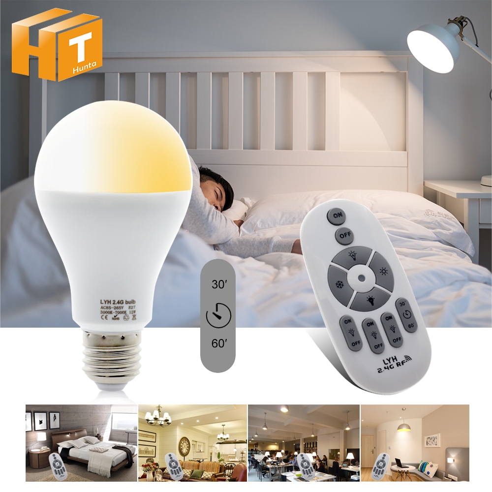 E27 หลอดไฟ AC100-264V 7W/12W RF 2.4G การควบคุมระยะไกล LED หลอดไฟ LED 2700K-6500K ฟังก์ชั่นความสว่างและเวลาที่ปรับได้