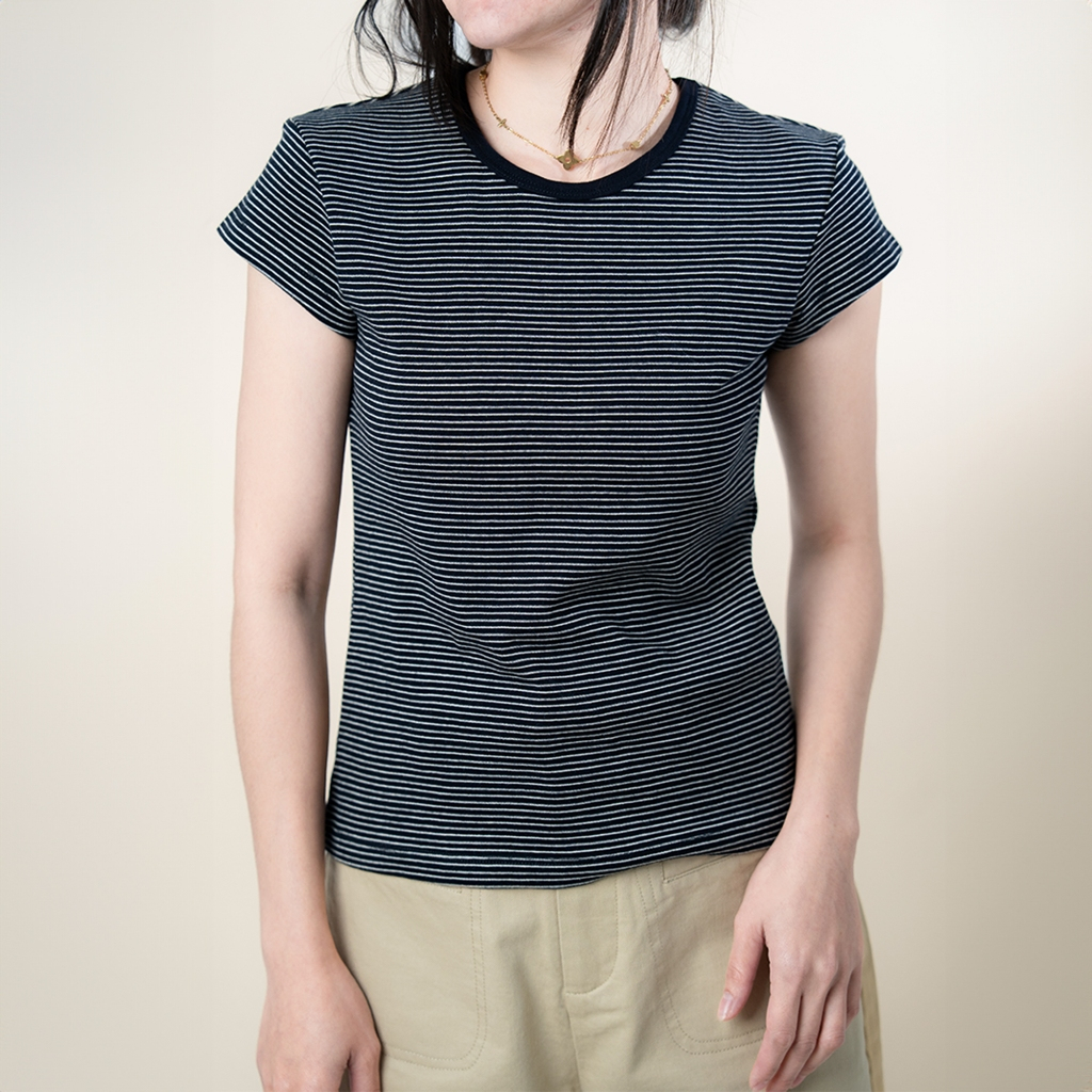 Striped Short Sleeve 1618# เสื้อยืดลายทางแขนสั้น คอสีตัด