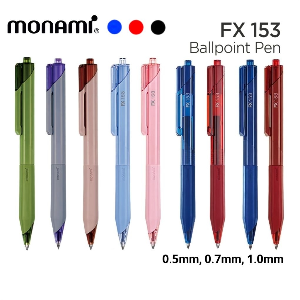 Monami ปากกาลูกลื่น แบบกด รุ่น FX153 ขนาด 0.5 มม., 0.7 มม., 1.0 มม. หมึกน้ำเงิน, แดง, ดำ เปลี่ยนไส้ได้ (ราคาต่อ 1 ด้าม)