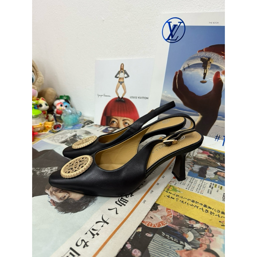 Used LA BELLA รุ่น LB AMORE QUEEN  SLING BACK HEELS - BLACK หนัง Lampskin ไซส์ 38 สวยมาก ใช้งานน้อยม