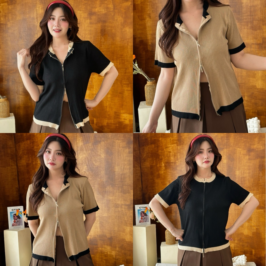 Caramel Zip Top 🍧🥨 เสื้อผ้า knit ยืดได้เยอะ ซิปรูดขึ้นลงได้สองฝั่ง