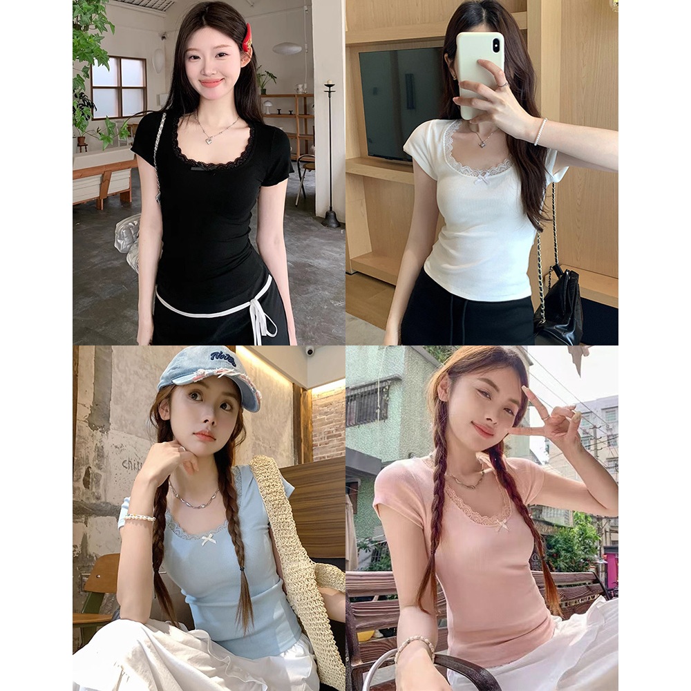 เสื้อยืดแขนสั้นผู้หญิง คอวี แต่งกะรดุมใช้งานได้จริง เซ็กซี่ เสื้อทรงสลิมฟิต ผ้าเรย่อนยืดเยอะมาก สาวอวบใส่ได้ #F045 - รูปที่ 6