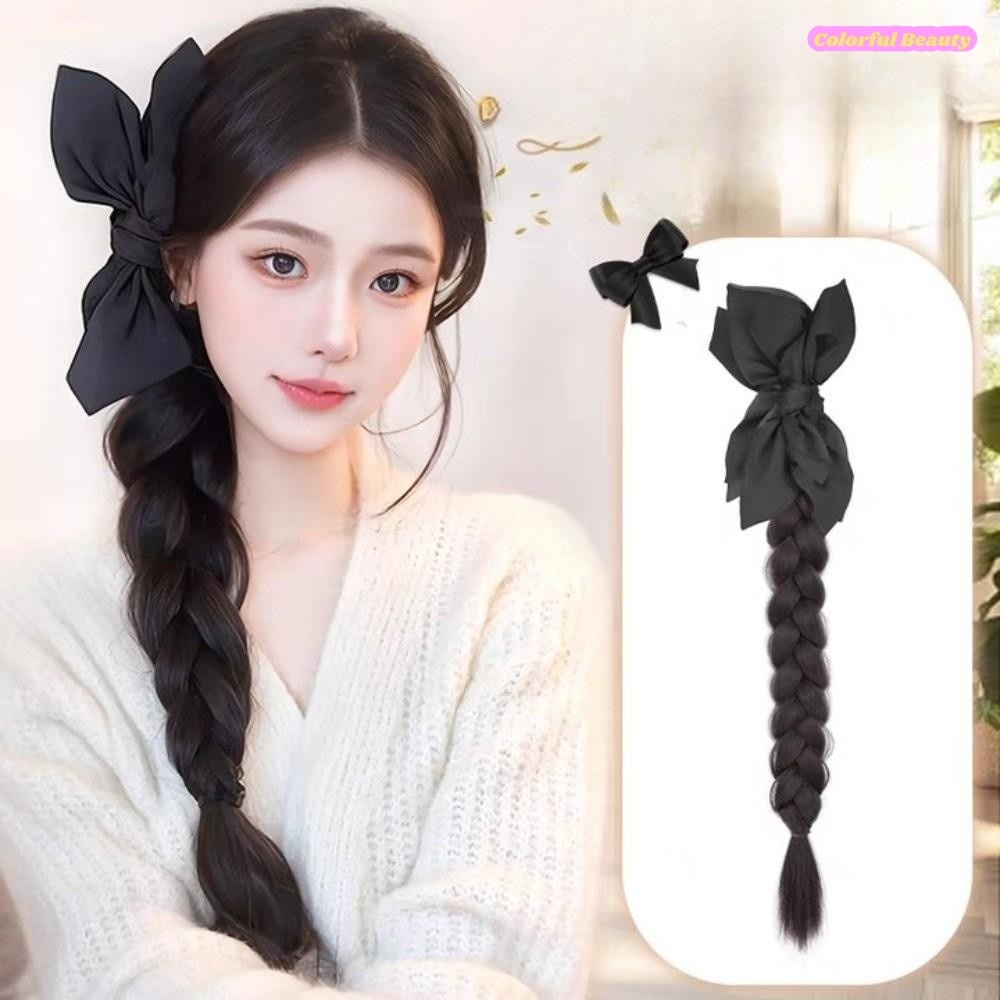 🔥จัดส่งจากประเทศไทย🔥40 ซม. วิกผมถักแบบหนีบติดโบว์สีดำ วิกผมถักเปียแบบมัดข้าง