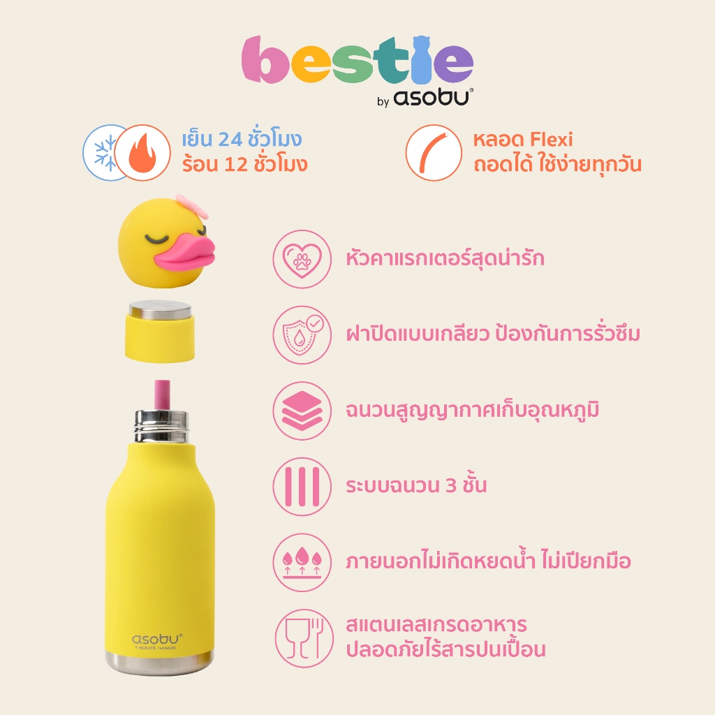 Asobu Bestie ลายเป็ด ขวดน้ำสูญญากาศคาแรคเตอร์สุดน่ารัก รูปที่ 2
