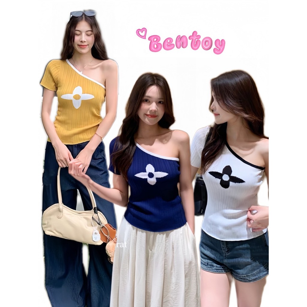 Bentoy พร้อมส่ง ( 72CX21-1) เสื้อไหมพรมแขนสั้นไหล่เฉียงฤดูร้อนสำหรับผู้หญิง ดีไซน์เพรียวบางทันสมัย สวยงาม สุดเซ็กซี่