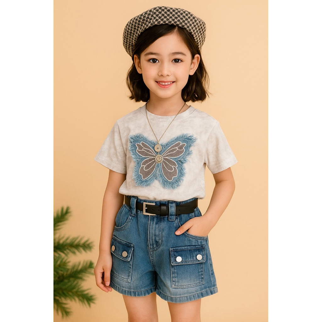 🦋 ชุดเด็กผู้หญิงเสื้อยืดลายผีเสื้อ + กางเกงยีนส์สุดชิค 🦋  ✨ สไตล์แฟชั่น น่ารักปนเท่ ใส่แล้วดูมีสไตล์ พร้อมส่ง