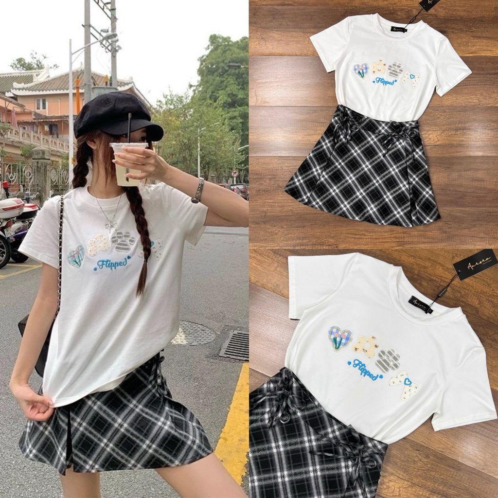 [AURORA] Setเสื้อยืด ผ้านุ่มสวยงานใส่สบายๆ (เสื้อทรงสวม)  +++มาพร้อมกระโปรงจับจี