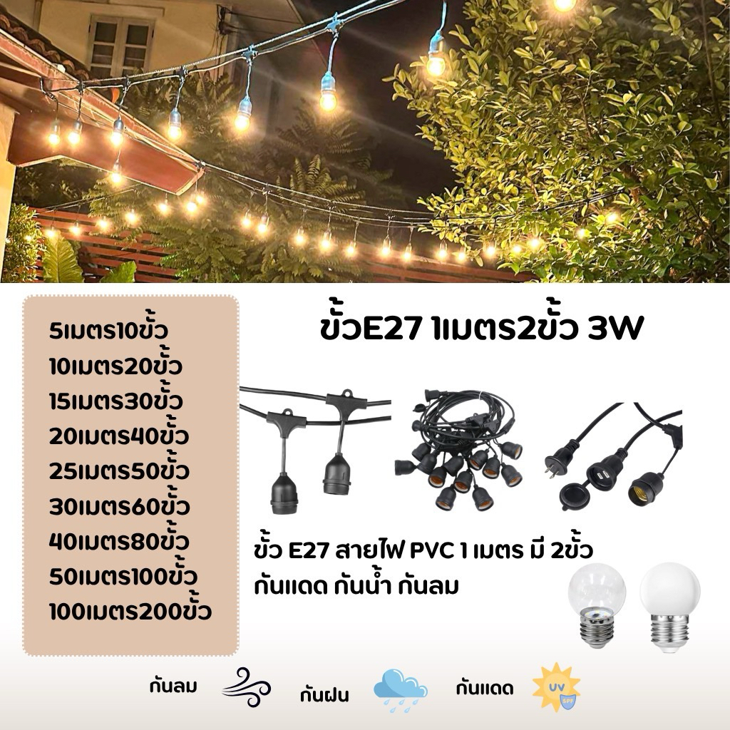 สายไฟห้อยระย้า (1เมตร2ขั้ว)ขั้วE27หลอด LED 3 วัตต์【สายไฟ+หลอดไฟLEDไฟปิงปองขั้ว E27 ขั้วกันน้ำ ครบชุดพร้อมใช้งาน