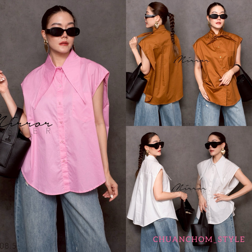 🔖Mirrorsister 50808.5 เสื้อเชิ้ตแขนกุด มีกระเป๋าหน้า1ข้าง ดีไซน์คอปกใหญ่shapeแหลม สามารถนำปกมาผูกให้ดูเก๋ขึ้น