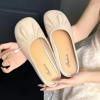 พร้อมส่งจากไทยรองเท้า 【6874】 คัทชูสีเบจพื้นเบสิคใส่สบายสวมง่ายไม่เจ็บเท้าหน้าเท้ากว้างใส่ได้ tobo