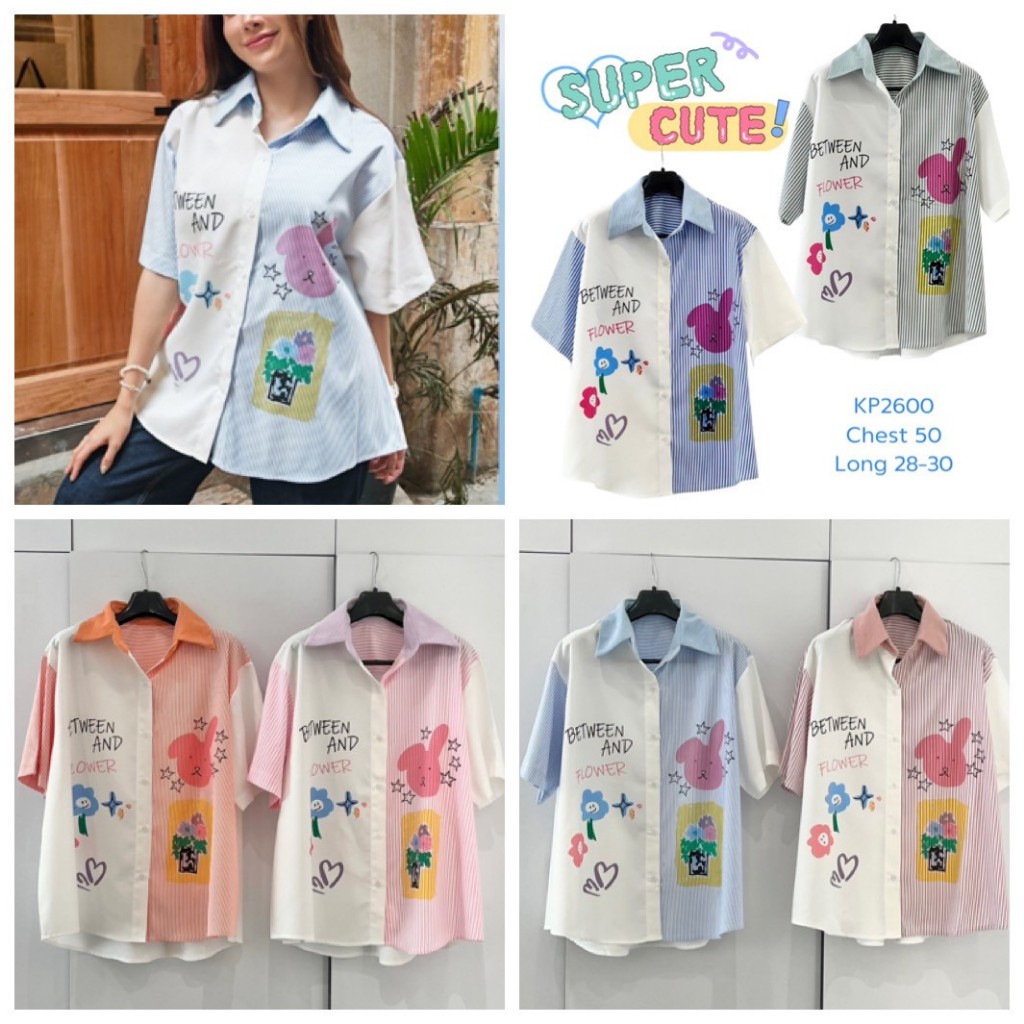 ป้าย CHOEGO เสื้อเชิ้ตแขนสั้นผ้าริ้วแมทช์กับผ้าพื้นสกรีนลายกระต่ายน่ารัก ๆ อก 50 นิ้ว ยาว 28 นิ้ว