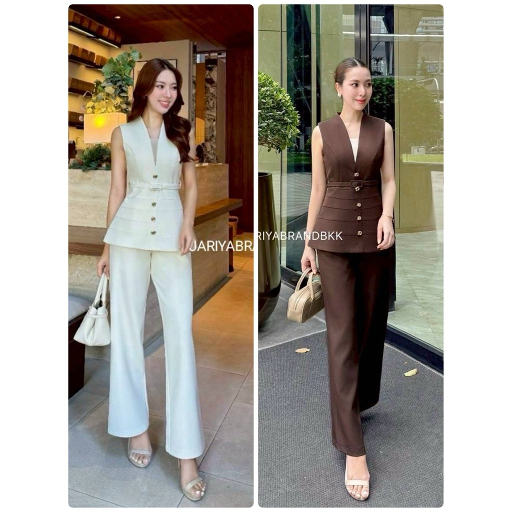 Jariya ชุดset 3ชิ้น (ผ้าสูทขึ้นทรงค่ะ) เสื้อแขนกุดคอวีมีกระดุมด้านหน้าและมีเข็มขัดให้ด้วย