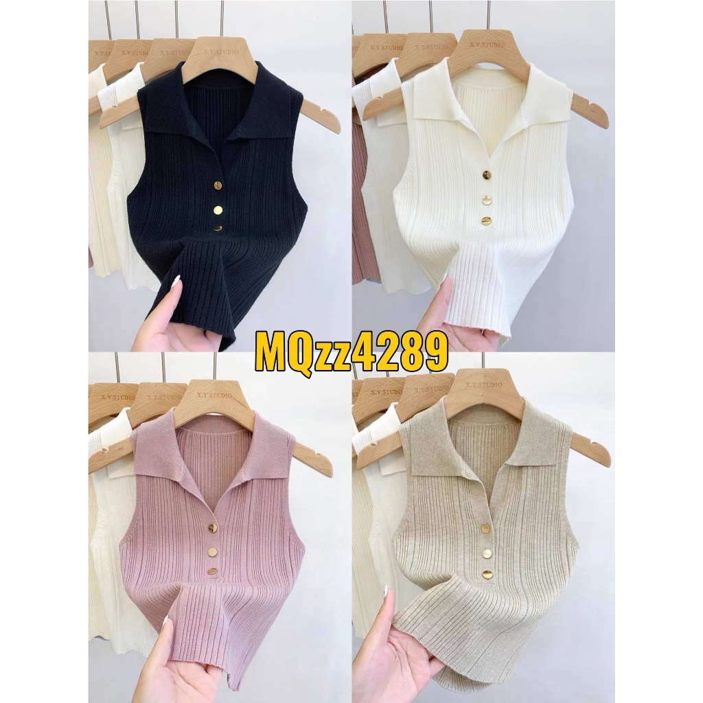 MQzz4289 *พร้อมส่ง*เสื้อไหมพรมแขนกุด คอปก ทรงครอป แต่งกระดุมทอง สไตล์เกาหลี Freesize