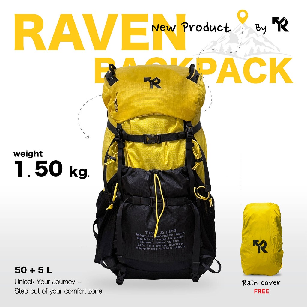Yellow Route : Raven 50 กระเป๋าเดินป่า (50+5 ลิตร) #ฟรีRainCover #มีรับประกัน
