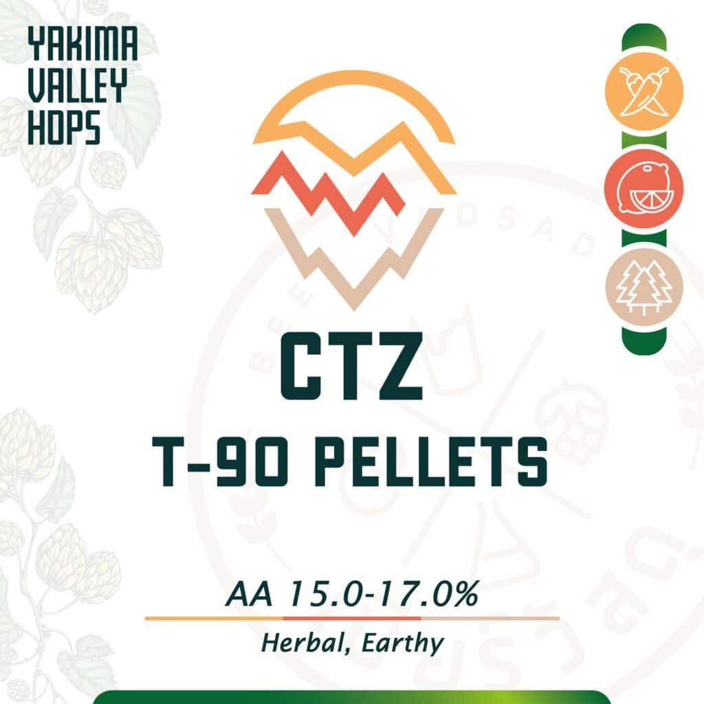 T90 CTZ Hops (56g) มีลักษณะเผ็ดร้อน, พร้อมกับกลิ่นส้มและผลไม้ตระกูลซิตรัสบางๆ