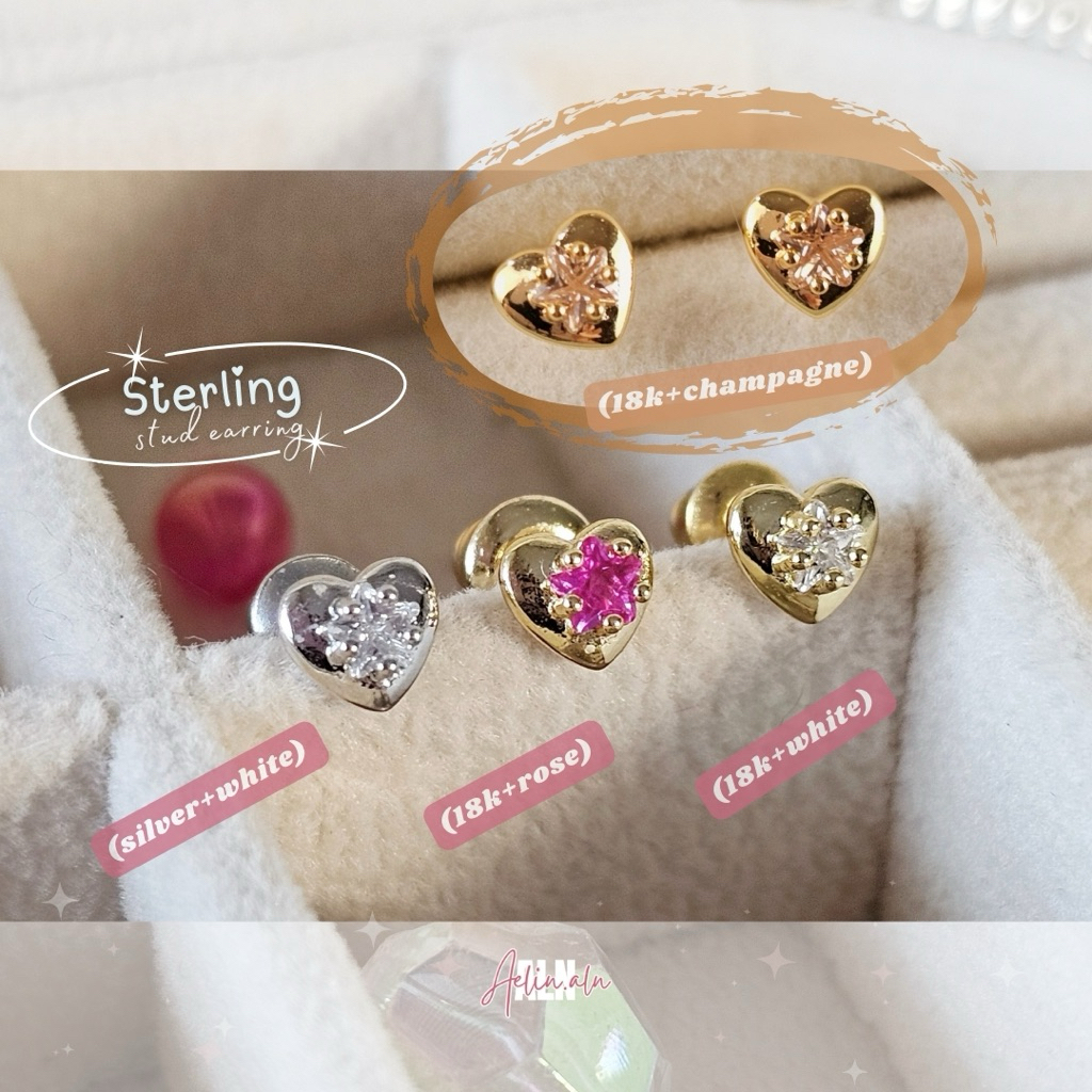 พร้อมส่ง Sterling stud earring - aelin ( ต่างหูรูปหัวใจประดับเพทายรูปดาว ) มี 4 สี #SE5-7