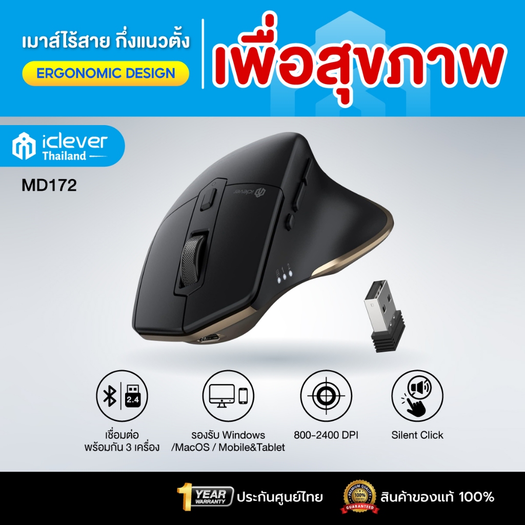 [ประกันศูนย์ไทย] เมาส์ไร้สายเพื่อสุขถาพ iClever MD172 Ergonomic Mouse เมาส์สุขภาพ เมาส์แนวตั้งเพื่อส