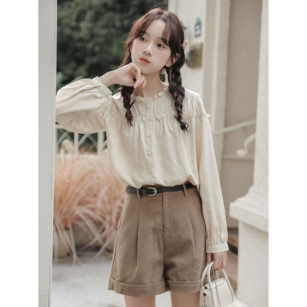 LINNA คอกลม ลูกไม้ แขนยาว เสื้อเชิ้ต หวาน สไตล์แฟชั่น สไตล์ใหม่